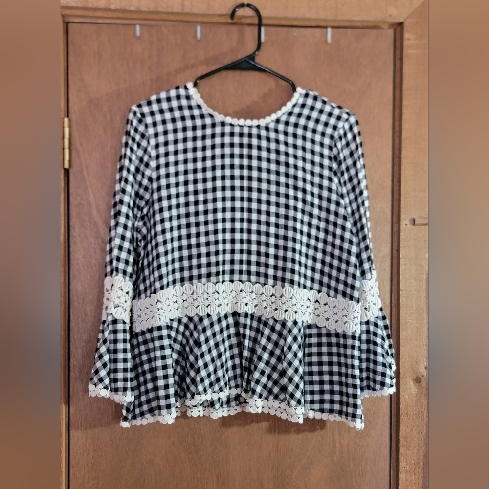 Everleigh Plaid Bell Sleeve Blouse Black And White Size S/P